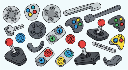 A collection of various video game controllers, joysticks, and buttons in a hand-drawn style, perfect for gaming enthusiasts.
