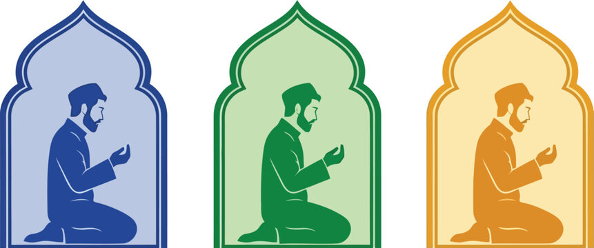 Muslim man praying Ramadan iftar dua in colorful mosque archways illustration