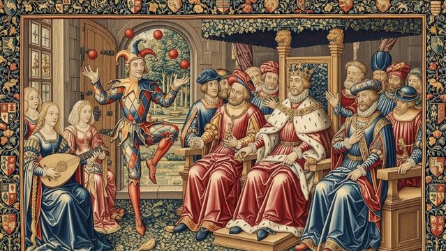 Medieval Court Scene: A vibrantly detailed medieval tapestry portrays a royal court in full swing, featuring a jester juggling, musicians playing, and the king and queen in attendance.