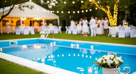Luxury outdoor wedding reception by the swimming pool with floating candles and white decor