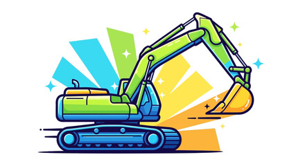 A vibrant cartoon illustration of a green and blue excavator with a yellow bucket, set against a dynamic background with colorful rays and sparkles.