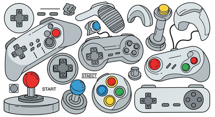 A collection of retro and modern video game controllers and joysticks in a flat design style.