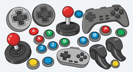 A collection of various retro and modern video game controller components and buttons.