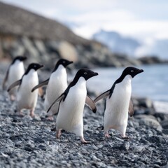 Obraz premium Adelie penguins walking on rocky antarctic shoreline