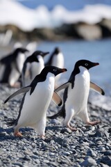 Fototapeta premium Group of adelie penguins walking on rocky shore near ocean