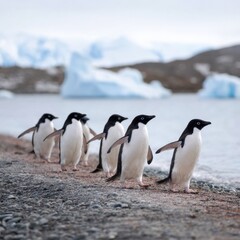 Obraz premium Group of adélie penguins walking on rocky antarctic shoreline