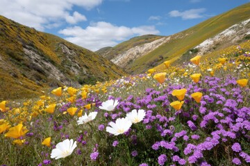 Obraz premium Colorful wildflowers blooming in vibrant hillside valley landscape under blue sky