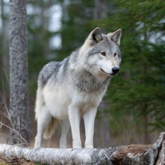 Fototapeta premium Majestic gray wolf standing on a forest log