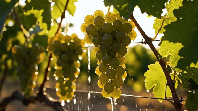 Sunlit grapevine clusters being watered in vineyard.