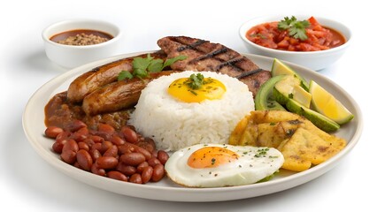 Fototapeta premium Colombian Bandeja Paisa Traditional Dish with Beans Rice Egg Avocado Chorizo and Fried Plantain Authentic Latin American Food