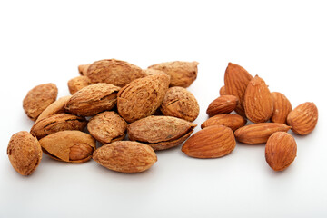 Almond snacks and nuts on a solid color background