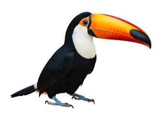 Fototapeta premium Tropical bird with a large, colorful bill stands in profile against a white background.
