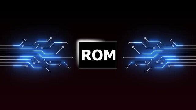 ROM Circuit Animation: Futuristic Blue Glowing Digital Motherboard Microchip with Data Flow Lines on Black Background