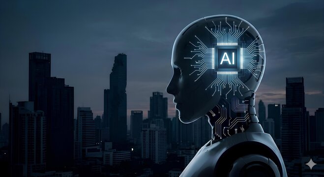 Profile of a Humanoid Robot with a Glowing AI CPU