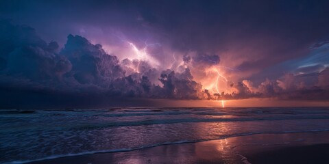 Dramatic Lightning Strikes Over Ocean During Stormy Twilight Skies with Dark Clouds and Glowing Horizon at Dusk