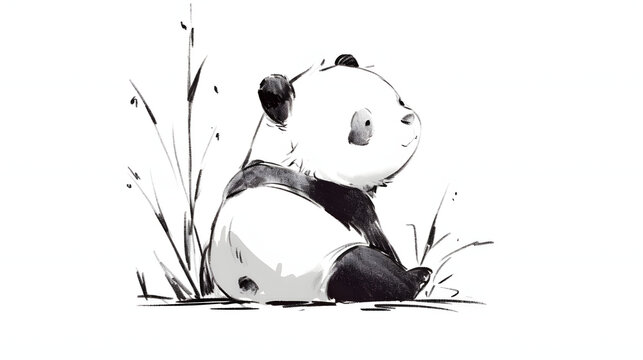 panda sitting black and white sketch