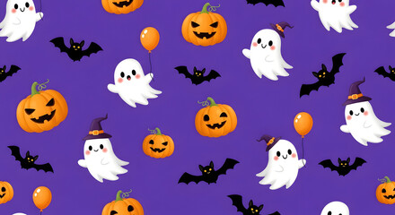 Obraz premium Halloween pattern with ghosts pumpkins and bats on purple background