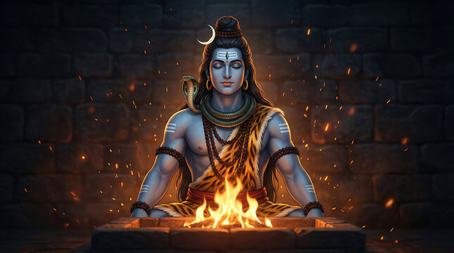 Lord shiva performing deep meditation near sacred fire in ancient temple for maha shivratri festival representing mahadev as the source of cosmic energy and light
