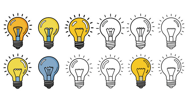 A bright collection of glowing and unlit light bulbs in a variety of colors including yellow and blue, representing innovation and ideas