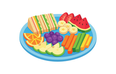 plate with tiny sandwiches sliced fruits and veggie sticks arranged for kids picnic food clean shapes. colored flat icon vector illustration