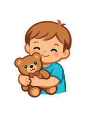child holding teddy bear comfort and security symbol clean shapes. colored flat icon vector illustration