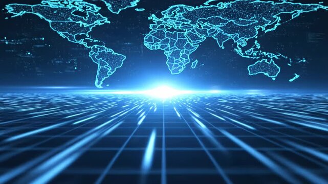 World map with glowing lines and grid pattern on a dark background