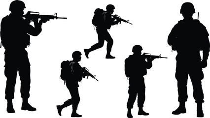 Silhouette, soldiers, military, combat, training, tactical, army, team, aiming, rifles, patrol, operation, special, forces, defense, security, warfare, concept, illustration, collection