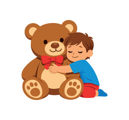 Fototapeta premium kid hugging big teddy bear comfort plush toy for children clean shapes. colored flat icon vector illustration