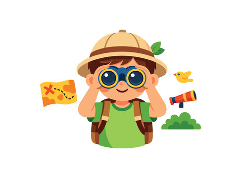 kid using toy binoculars pretend explorer game clean shapes. colored flat icon vector illustration