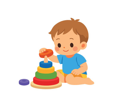 toddler stacking wooden rings on cone classic baby toy clean shapes. colored flat icon vector illustration