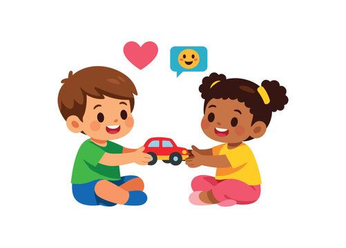 child sharing toy with another kid social and emotional development clean shapes. colored flat icon vector illustration