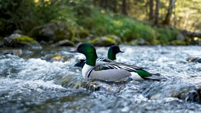Two beautiful male common mergansers in a clear flowing river surrounded by forest and rocks