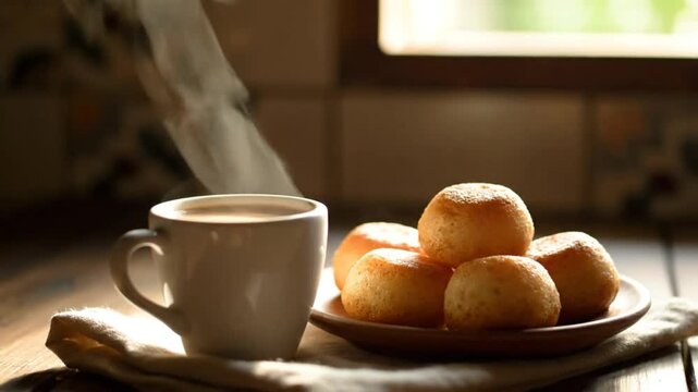 Morning coffee and golden bread rolls on a rustic wooden table with steam rising in the kitchen