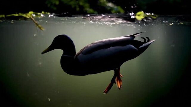 Graceful ducks swimming and diving in a tranquil pond with underwater glimpse of beautiful movement