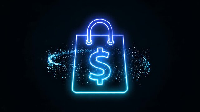 Neon glowing shopping bag with dollar symbol in dark background.