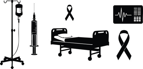 Obraz premium Black and white medical icons of hospital bed infusion drip syringe awareness ribbons and heart monitor vector set in flat design style with simple silhouette isolated elements