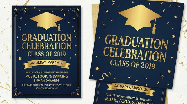 Elegant graduation celebration invitation card with gold typography and academic cap,formal event design for university ceremony and student achievement
