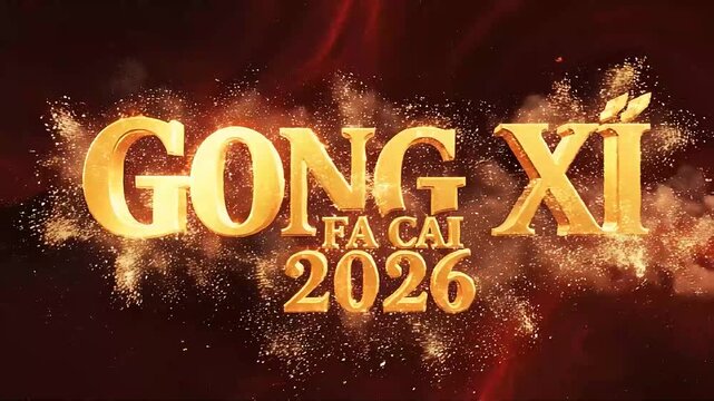 Fiery Horse Galloping Through a Dark Landscape with Gong Xi Fa Cai 2026 Text Animation