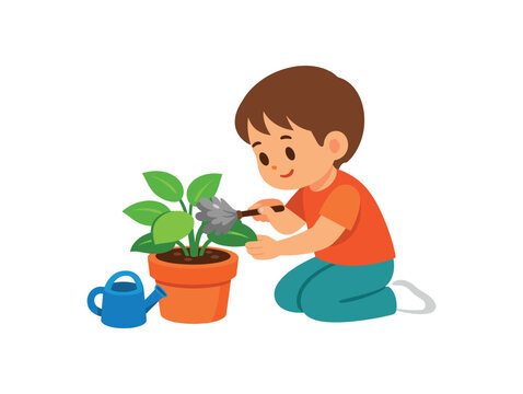 child using tiny feather duster on plant leaves care of classroom plants Montessori activity clean shapes. colored flat icon vector illustration