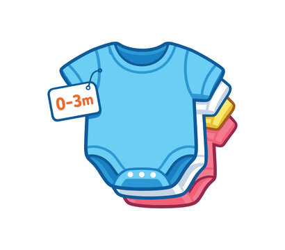 newborn bodysuit pack three folded onesies with size 0 label baby clothing set clean shapes. colored flat icon vector illustration
