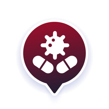 antibiotic resistance icon, vector pictogram with virus and pills