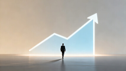Obraz premium Silhouette Man in Business Attire Walking Toward Upward Arrow Symbolizing Progress on Gray Plane Under Dawn Sky – Conceptual Illustration Perspective