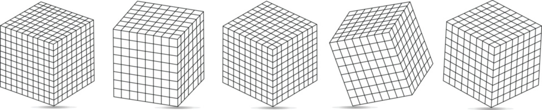 Isometric wireframe cube grid collection showing geometric perspective blocks for mathematics architecture design engineering visualization and abstract dimensional structure concepts