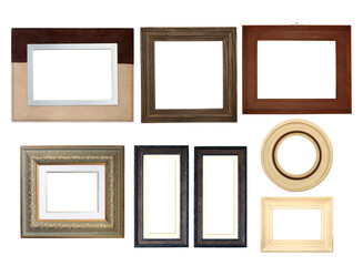 Set of blank picture frames. Empty photo frame collection. Isolated on white background. Mock up poster frame template for decor room. Retro Interior design. Copy space for tex