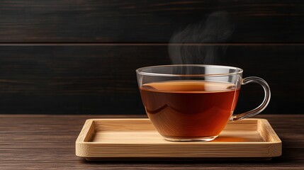 Obraz premium Transparent glass cup filled with hot tea on wooden tray with dark background, expressing warmth, comfort and minimal tea ritual.