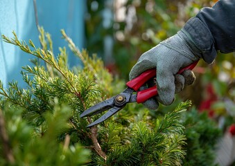 Gardener pruning evergreen branches with garden shears outdoors