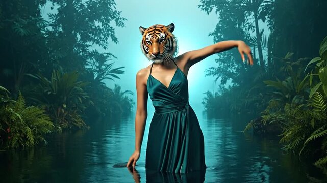 Tiger Supermodel Posing in Silk Gown in Jungle Lagoon