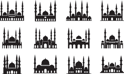 Set of black silhouette icons representing mosque architecture with minarets and domes Islamic building © Sabbir Art Express