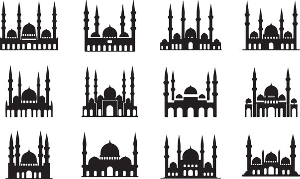 Set of black silhouette icons representing mosque architecture with minarets and domes Islamic building