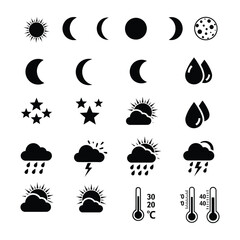 Collection of weather condition icons with sun moon and temperature symbols